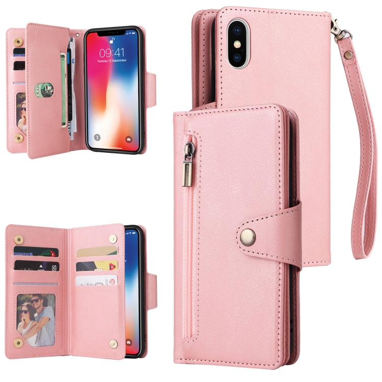 Rivet Buckle 9 Cards Three Fold Leather Phone Case, For iPhone X/XS, For iPhone XR, For iPhone XS Max, For iPhone 11 Pro Max