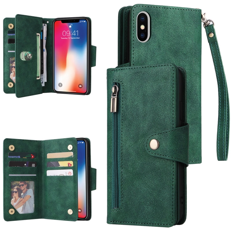 Rivet Buckle 9 Cards Three Fold Leather Phone Case, For iPhone X/XS, For iPhone XR, For iPhone XS Max, For iPhone 11 Pro Max