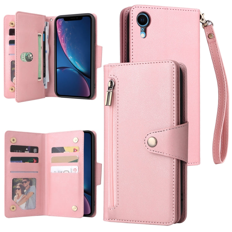 Rivet Buckle 9 Cards Three Fold Leather Phone Case, For iPhone X/XS, For iPhone XR, For iPhone XS Max, For iPhone 11 Pro Max