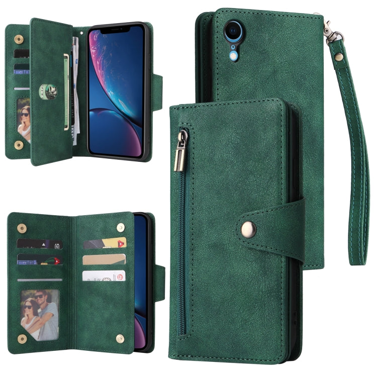 Rivet Buckle 9 Cards Three Fold Leather Phone Case, For iPhone X/XS, For iPhone XR, For iPhone XS Max, For iPhone 11 Pro Max