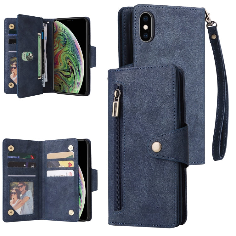 Rivet Buckle 9 Cards Three Fold Leather Phone Case, For iPhone X/XS, For iPhone XR, For iPhone XS Max, For iPhone 11 Pro Max