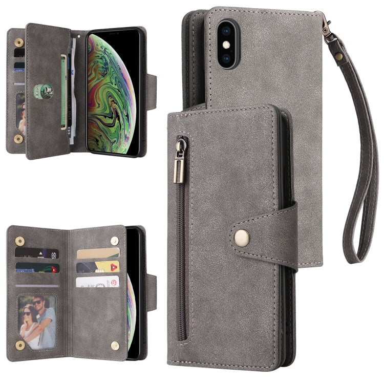 Rivet Buckle 9 Cards Three Fold Leather Phone Case, For iPhone X/XS, For iPhone XR, For iPhone XS Max, For iPhone 11 Pro Max