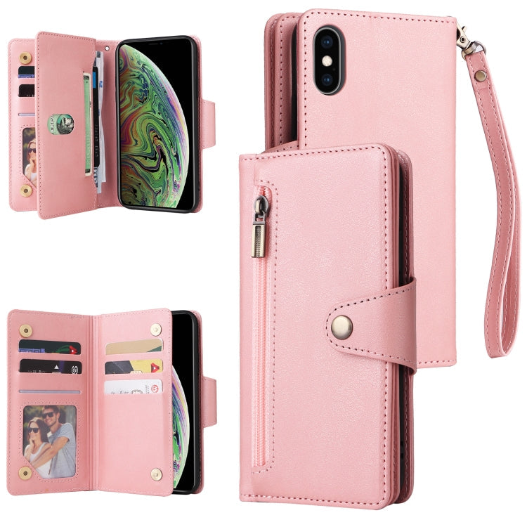 Rivet Buckle 9 Cards Three Fold Leather Phone Case, For iPhone X/XS, For iPhone XR, For iPhone XS Max, For iPhone 11 Pro Max