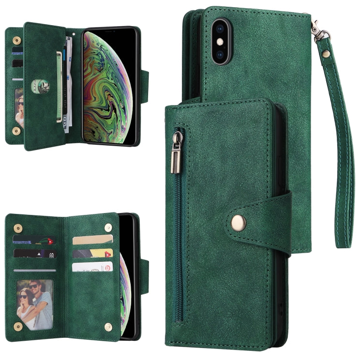 Rivet Buckle 9 Cards Three Fold Leather Phone Case, For iPhone X/XS, For iPhone XR, For iPhone XS Max, For iPhone 11 Pro Max