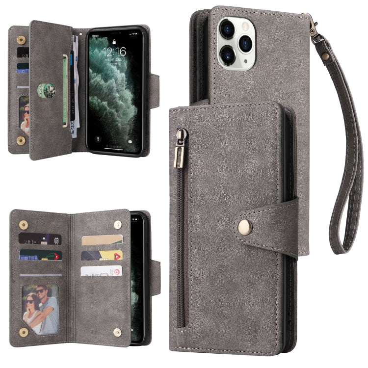 Rivet Buckle 9 Cards Three Fold Leather Phone Case, For iPhone X/XS, For iPhone XR, For iPhone XS Max, For iPhone 11 Pro Max