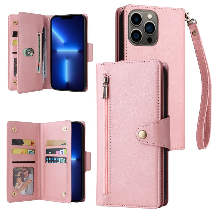Rivet Buckle 9 Cards Three Fold Leather Phone Case, For iPhone 13 Pro, For iPhone 13 Pro Max