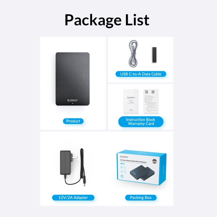 ORICO HM35C3 3.5 inch USB3.1 Gen1 Type-C Hard Drive Enclosure, EU Plug, US Plug, UK Plug, AU Plug