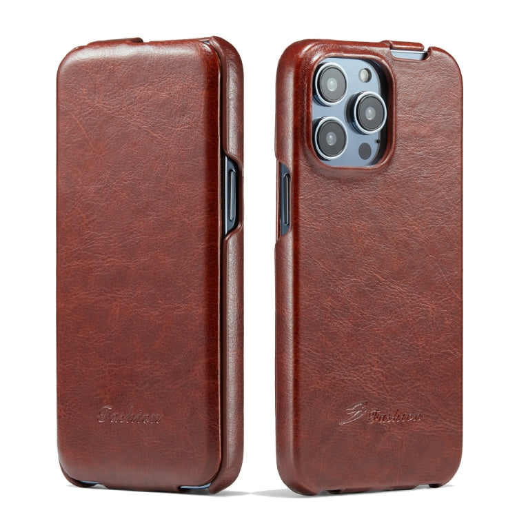 Fierre Shann Oil Wax Texture Vertical Flip PU Phone Case, For iPhone 14, For iPhone 14 Plus, For iPhone 14 Pro, For iPhone 14 Pro Max