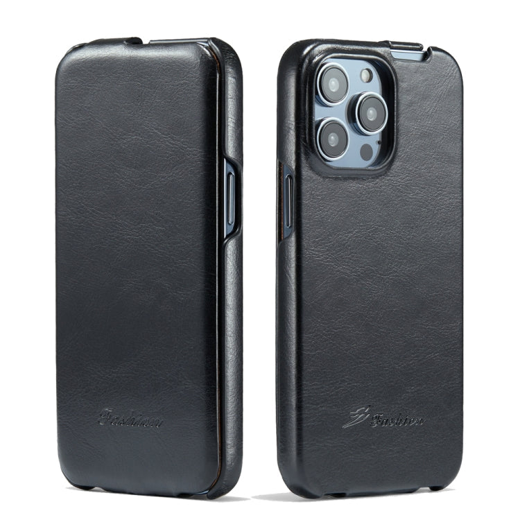 Fierre Shann Oil Wax Texture Vertical Flip PU Phone Case, For iPhone 14, For iPhone 14 Plus, For iPhone 14 Pro, For iPhone 14 Pro Max