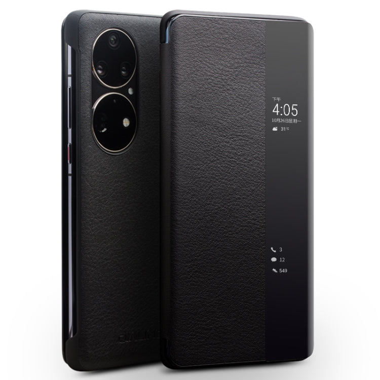 QIALINO Genuine Leather Side Window View Smart Phone Case, For Huawei Mate 50 Pro, For Huawei Mate 50, For Huawei P30, For Huawei P50, For Huawei P50 Pro