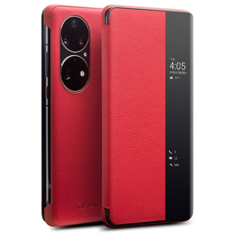 QIALINO Genuine Leather Side Window View Smart Phone Case, For Huawei Mate 50 Pro, For Huawei Mate 50, For Huawei P30, For Huawei P50, For Huawei P50 Pro