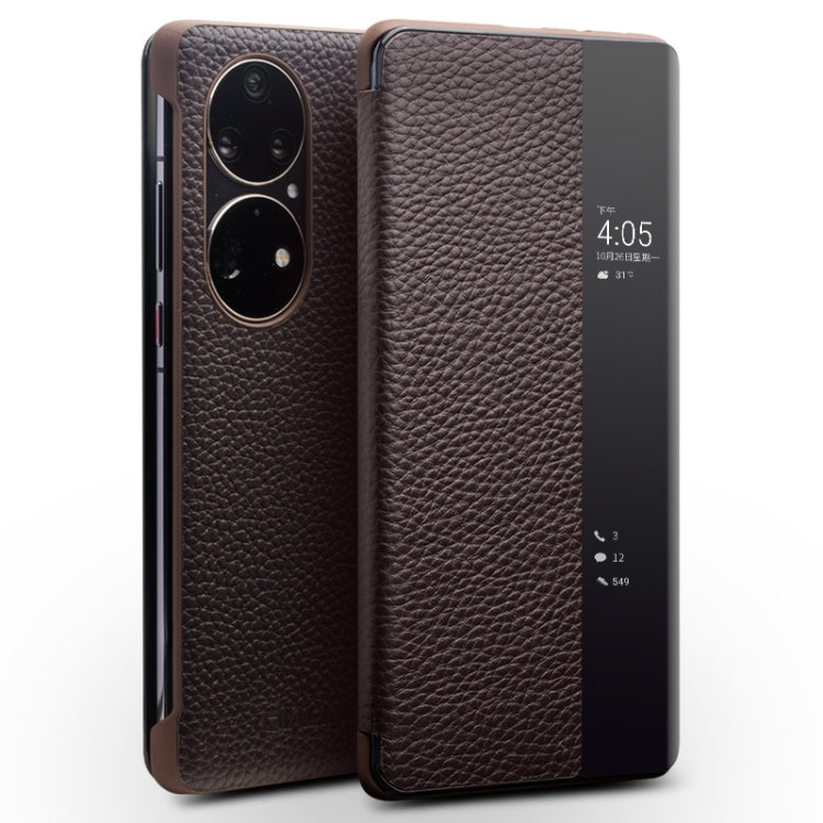 QIALINO Genuine Leather Side Window View Smart Phone Case, For Huawei Mate 50 Pro, For Huawei Mate 50, For Huawei P30, For Huawei P50, For Huawei P50 Pro