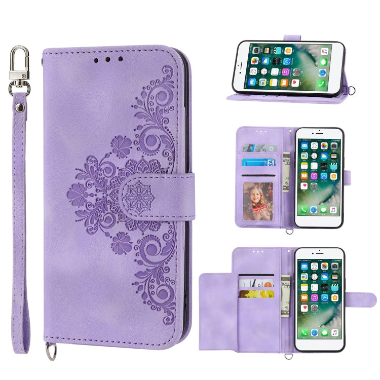 Skin-feel Flowers Embossed Wallet Leather Phone Case, For iPhone XR, For iPhone SE 2022 / SE 2020 / 8 / 7, For iPhone 8 Plus / 7 Plus