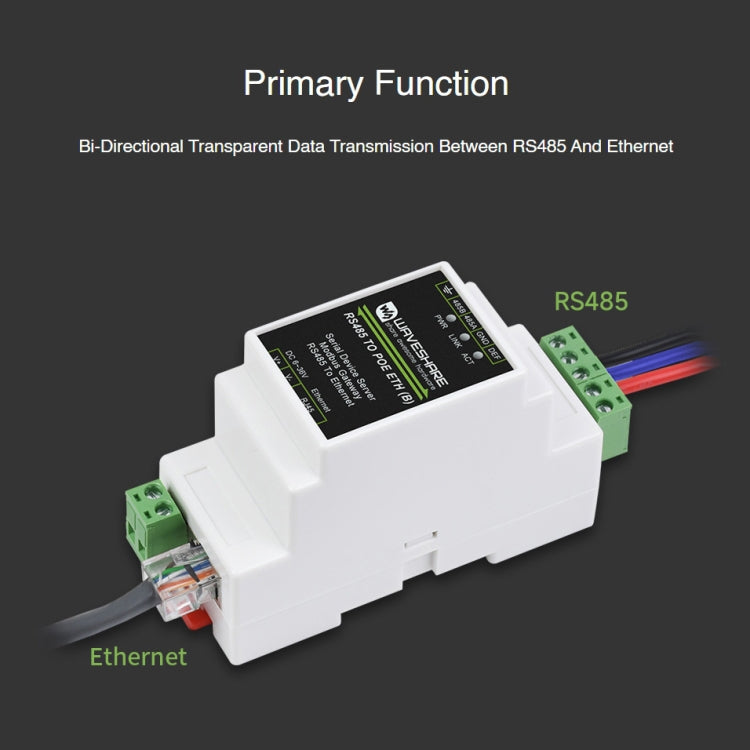Waveshare Din Rail RS485 to RJ45 Serial Server with POE Function, 23273