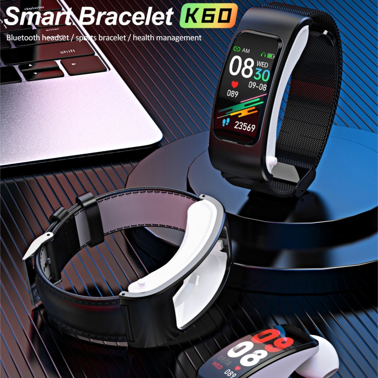 K60 1.08 inch Leather Band Earphone Detachable Life Waterproof Smart Watch Support Bluetooth Call, Leather Band (Black Silver), Leather Band (Black), Leather Band (Brown Silver)
