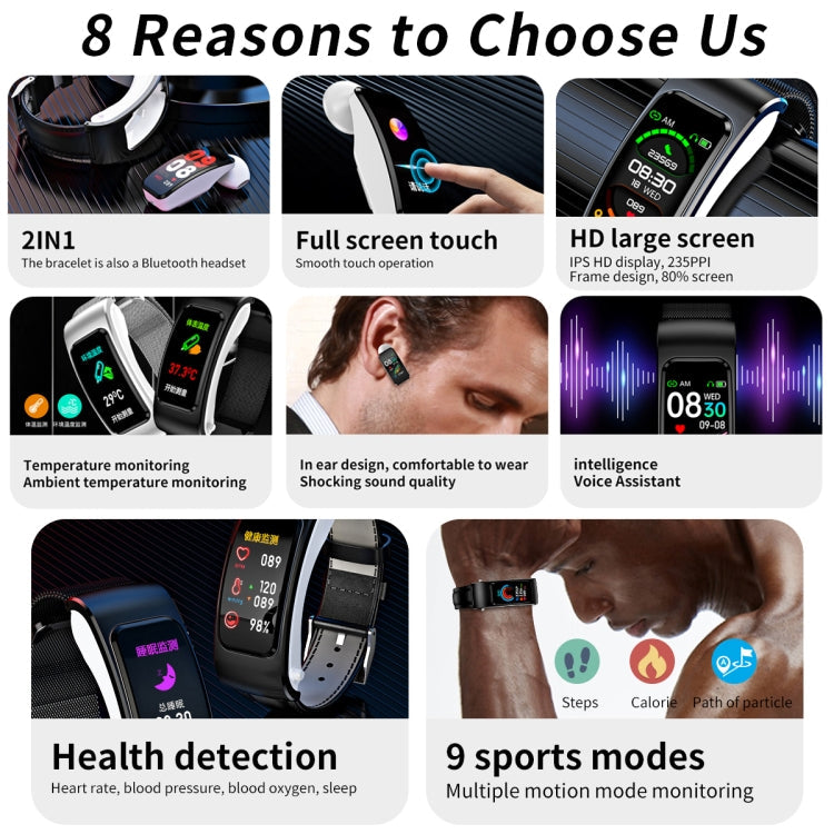 K60 1.08 inch Leather Band Earphone Detachable Life Waterproof Smart Watch Support Bluetooth Call, Leather Band (Black Silver), Leather Band (Black), Leather Band (Brown Silver)