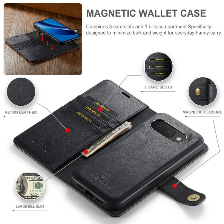 DG.MING Crazy Horse Texture Detachable Magnetic Leather Phone Case, For Google Pixel 10a, For Google Pixel 10 Pro XL, For Google Pixel 10 / 10 Pro, For Google Pixel 9a