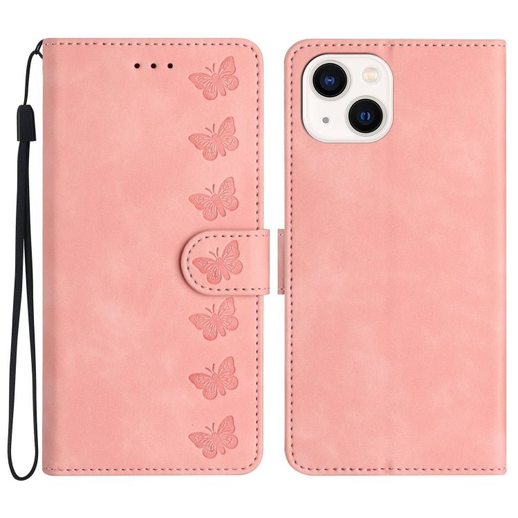 Seven Butterflies Embossed Leather Phone Case, For iPhone 16, For iPhone 15 Pro Max, For iPhone 15 Pro, For iPhone 15 Plus
