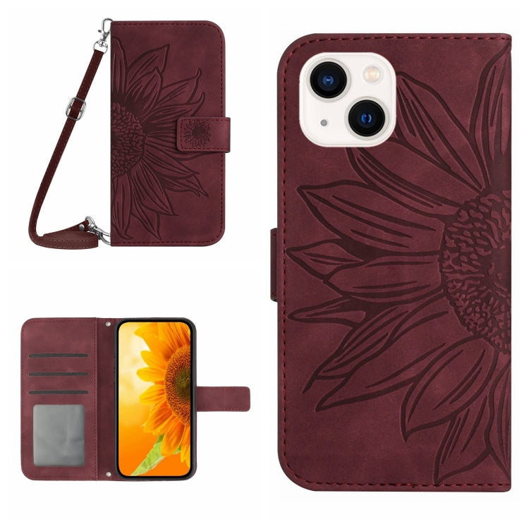 Skin Feel Sun Flower Embossed Flip Leather Phone Case with Lanyard, For iPhone 15 Pro, For iPhone 15 Plus