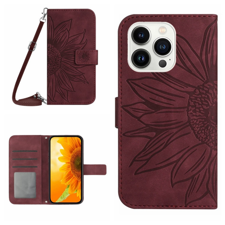Skin Feel Sun Flower Embossed Flip Leather Phone Case with Lanyard, For iPhone 15 Pro, For iPhone 15 Plus