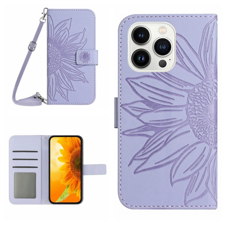 Skin Feel Sun Flower Embossed Flip Leather Phone Case with Lanyard, For iPhone 16, For iPhone 15 Pro Max