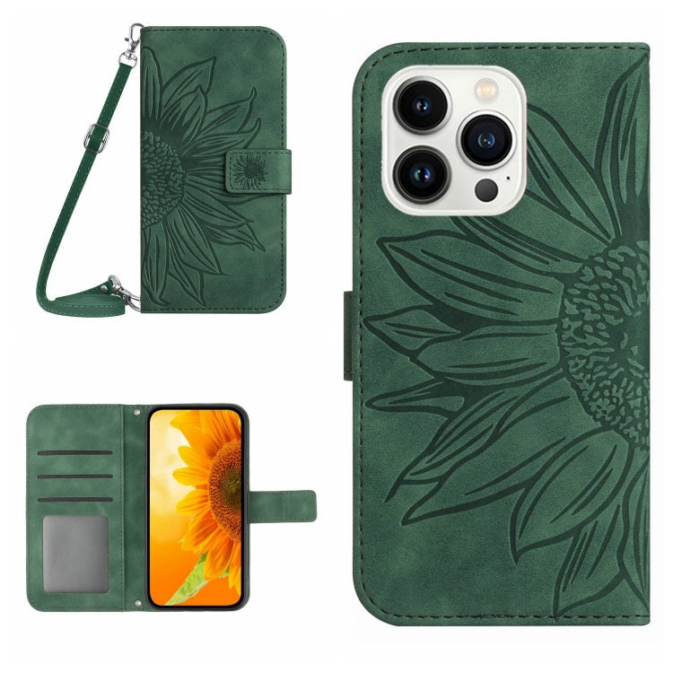 Skin Feel Sun Flower Embossed Flip Leather Phone Case with Lanyard, For iPhone 16, For iPhone 15 Pro Max