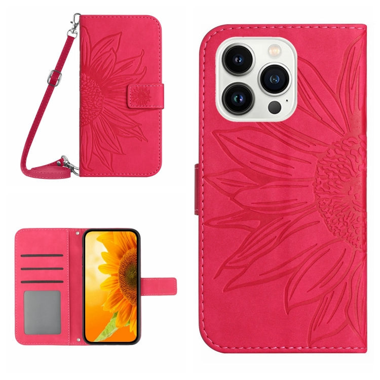 Skin Feel Sun Flower Embossed Flip Leather Phone Case with Lanyard, For iPhone 16, For iPhone 15 Pro Max