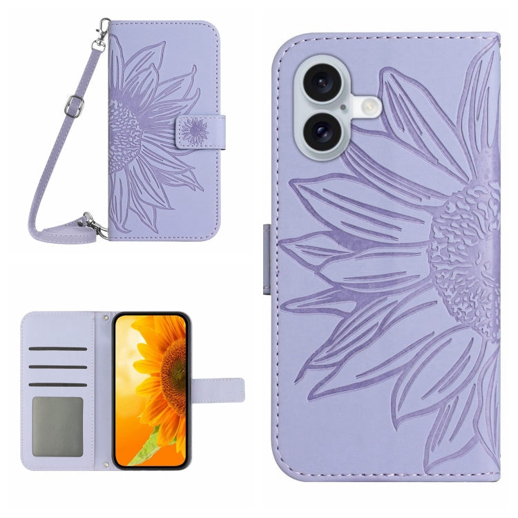 Skin Feel Sun Flower Embossed Flip Leather Phone Case with Lanyard, For iPhone 16, For iPhone 15 Pro Max