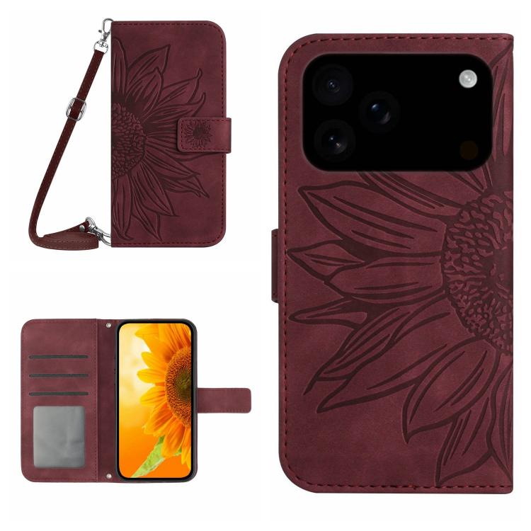 Skin Feel Sun Flower Embossed Flip Leather Phone Case with Lanyard, For iPhone 17 Pro, For iPhone 17