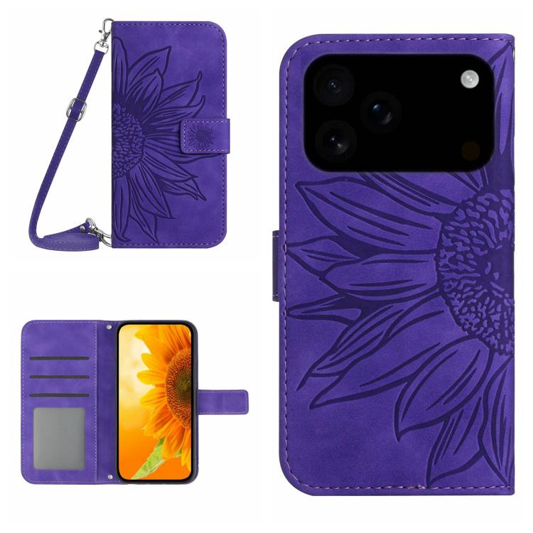 Skin Feel Sun Flower Embossed Flip Leather Phone Case with Lanyard, For iPhone 17 Pro, For iPhone 17