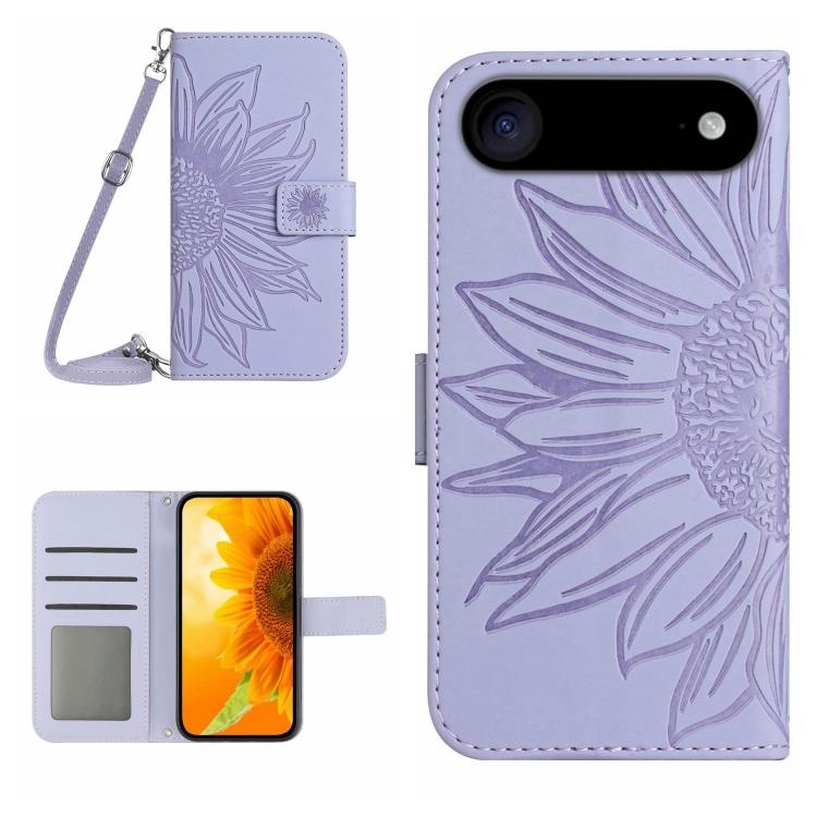 Skin Feel Sun Flower Embossed Flip Leather Phone Case with Lanyard, For iPhone Air, For iPhone 16 Pro Max