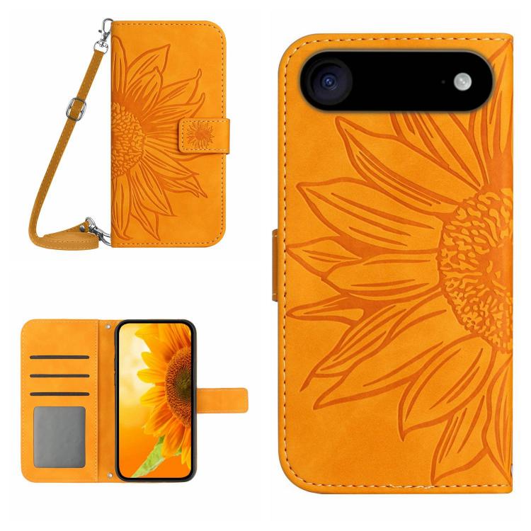 Skin Feel Sun Flower Embossed Flip Leather Phone Case with Lanyard, For iPhone Air, For iPhone 16 Pro Max