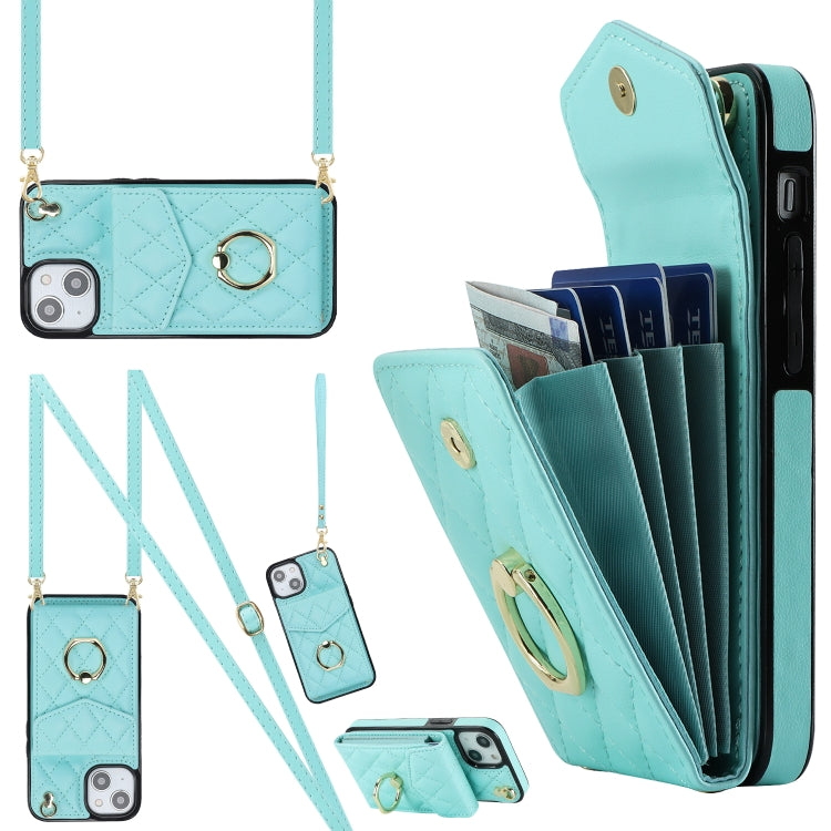 Rhombic Texture Card Bag Phone Case with Long Lanyard, For iPhone 14 Plus, For iPhone 14, For iPhone 14 Pro
