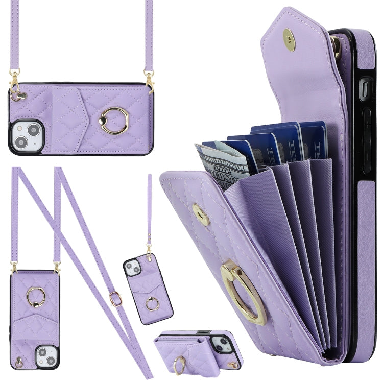 Rhombic Texture Card Bag Phone Case with Long Lanyard, For iPhone 14 Plus, For iPhone 14, For iPhone 14 Pro