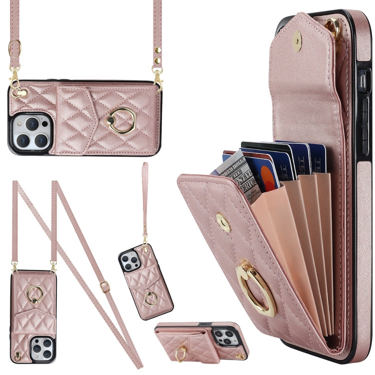 Rhombic Texture Card Bag Phone Case with Long Lanyard, For iPhone 14 Pro Max, For iPhone 13 Pro Max, For iPhone 13 Pro