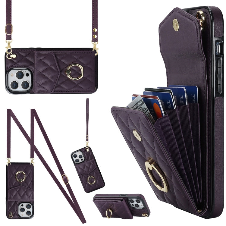 Rhombic Texture Card Bag Phone Case with Long Lanyard, For iPhone 14 Pro Max, For iPhone 13 Pro Max, For iPhone 13 Pro