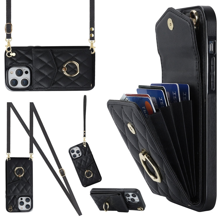 Rhombic Texture Card Bag Phone Case with Long Lanyard, For iPhone 14 Pro Max, For iPhone 13 Pro Max, For iPhone 13 Pro