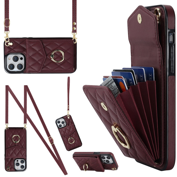 Rhombic Texture Card Bag Phone Case with Long Lanyard, For iPhone 14 Pro Max, For iPhone 13 Pro Max, For iPhone 13 Pro