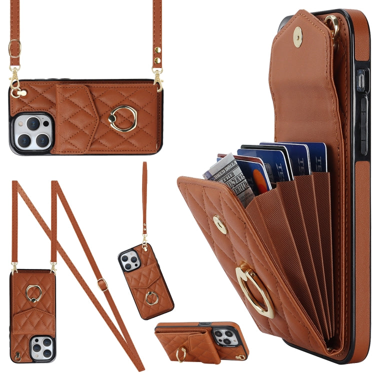 Rhombic Texture Card Bag Phone Case with Long Lanyard, For iPhone 14 Pro Max, For iPhone 13 Pro Max, For iPhone 13 Pro