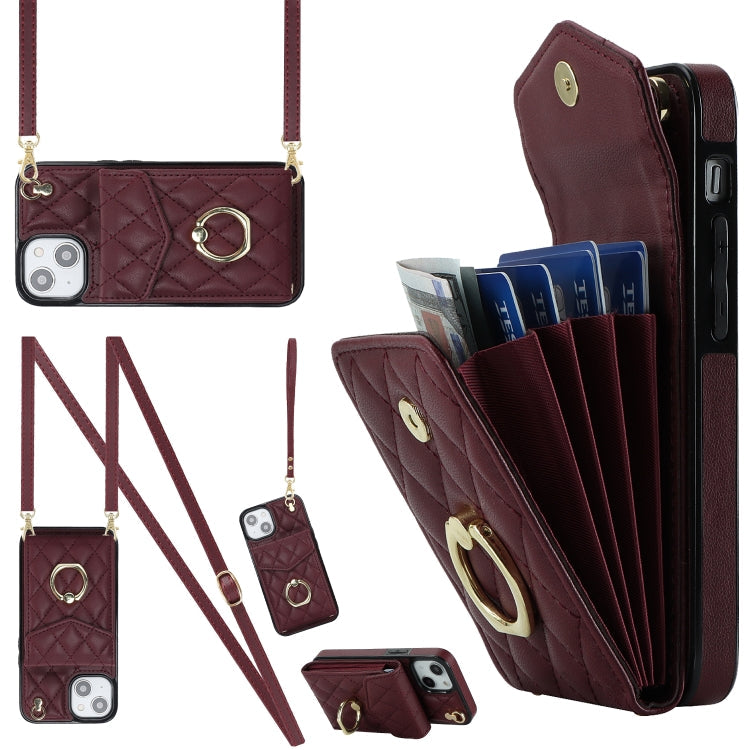 Rhombic Texture Card Bag Phone Case with Long Lanyard, For iPhone 13, For iPhone 12 / 12 Pro, For iPhone 12 Pro Max