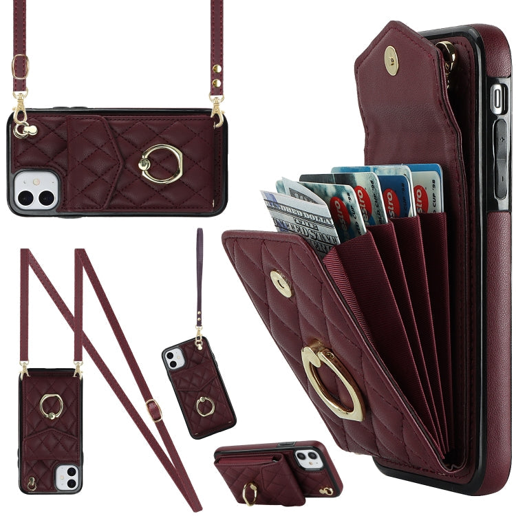 Rhombic Texture Card Bag Phone Case with Long Lanyard, For iPhone 11 Pro Max, For iPhone 11, For iPhone 11 Pro