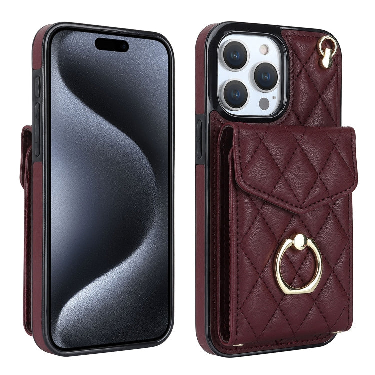 Rhombic Texture Card Bag Phone Case with Long Lanyard, For iPhone 17, For iPhone Air, For iPhone 15 Pro Max