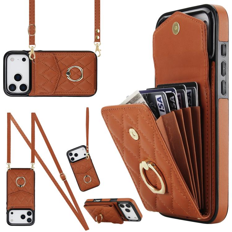 Rhombic Texture Card Bag Phone Case with Long Lanyard, For iPhone 17e / 16e, For iPhone 17 Pro Max, For iPhone 17 Pro