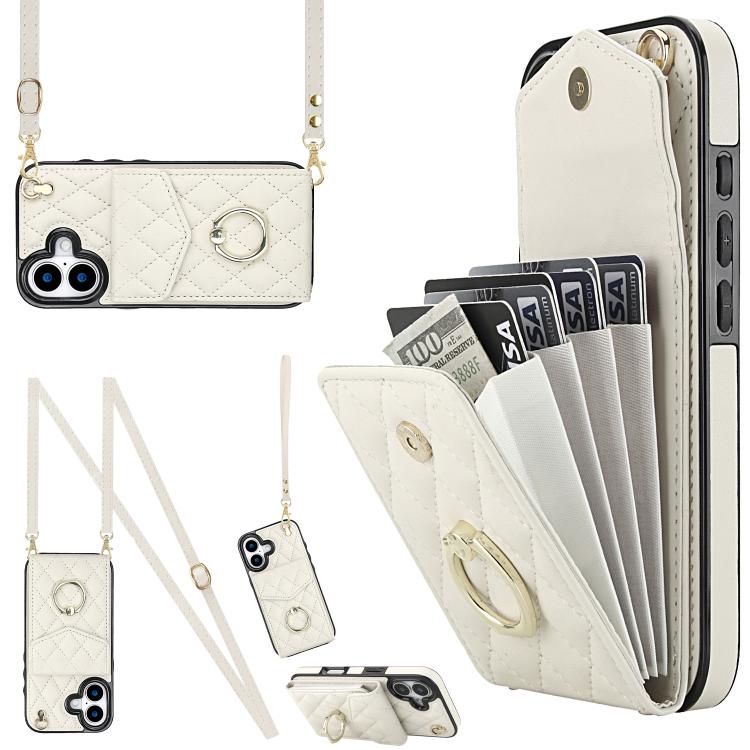 Rhombic Texture Card Bag Phone Case with Long Lanyard, For iPhone 17, For iPhone Air, For iPhone 15 Pro Max