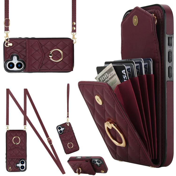 Rhombic Texture Card Bag Phone Case with Long Lanyard, For iPhone 17, For iPhone Air, For iPhone 15 Pro Max