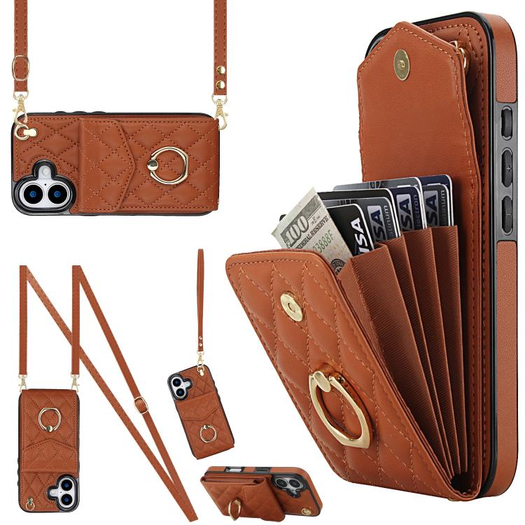 Rhombic Texture Card Bag Phone Case with Long Lanyard, For iPhone 17, For iPhone Air, For iPhone 15 Pro Max