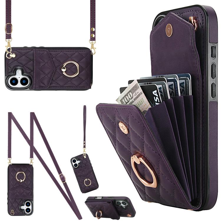 Rhombic Texture Card Bag Phone Case with Long Lanyard, For iPhone 17, For iPhone Air, For iPhone 15 Pro Max