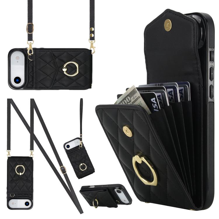 Rhombic Texture Card Bag Phone Case with Long Lanyard, For iPhone 17, For iPhone Air, For iPhone 15 Pro Max