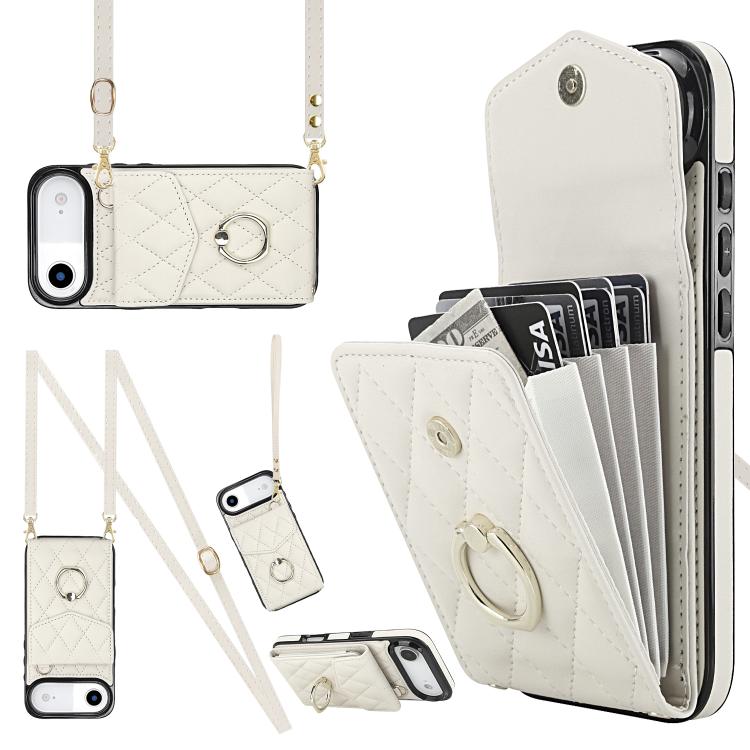 Rhombic Texture Card Bag Phone Case with Long Lanyard, For iPhone 17, For iPhone Air, For iPhone 15 Pro Max