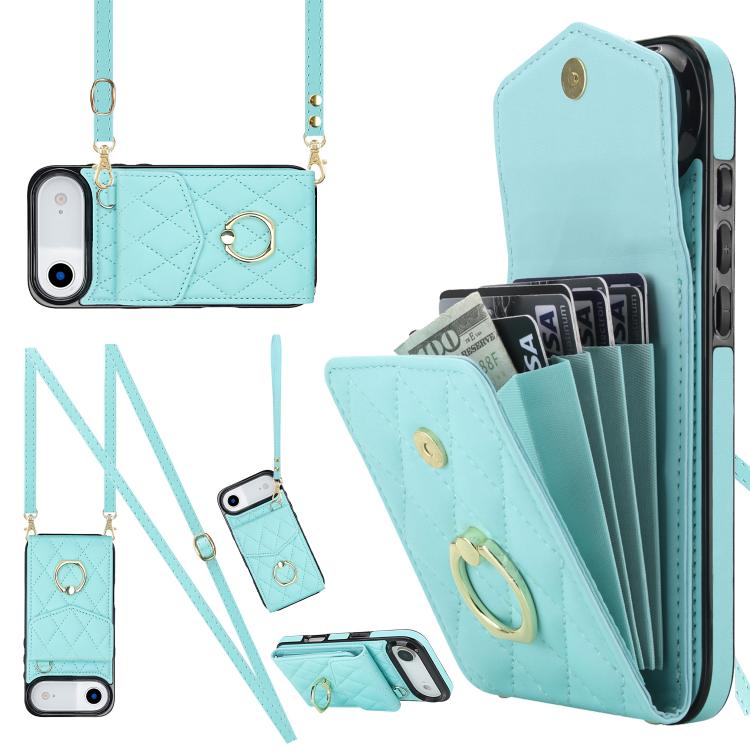 Rhombic Texture Card Bag Phone Case with Long Lanyard, For iPhone 17, For iPhone Air, For iPhone 15 Pro Max